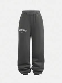 SHEIN Set de 2 piezas de sudadera y pantalón de chándal con estampado de letras de manga larga y cuello redondo para adolescentes - Gris - Ver 12