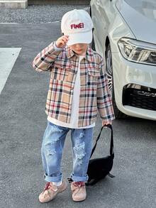 SHEIN Little Byeori 2pcs/Set Young Boys Plaid Shirt And Cool Street Style Side Pocket Denim Pants, Autumn/Winter - Khaki - View 2