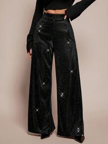 SHEIN PETITE 女士休闲亮面针织高腰阔腿裤 - 黑色 - 查看 3