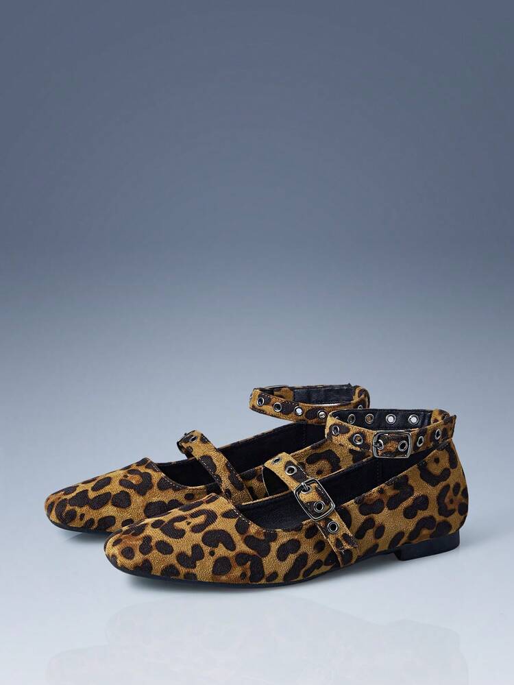 CUCCOO GRLICON Women's Square Toe Leopard Print Buckle Design Casual Everyday Fashionable Shoes For Christmas
