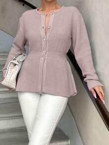 Knitwear Peplum Hem Cardigan With Fancy Buttons - Dusty Pink - View 6