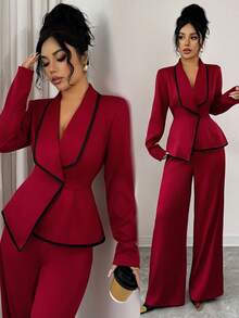 SHEIN Tall 两件套女士时尚撞色修身外套+纯色裤子套装 - 紅色 - 查看 11