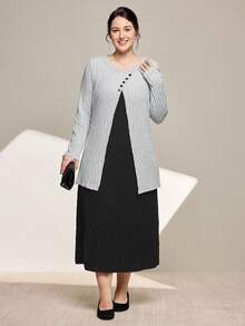 Momelise 大码女式撞色罗纹休闲圆领长袖连衣裙，适合派对和度假穿着 - 彩色 - 查看 4