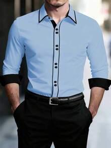 Manfinity Mode Camisa de manga larga casual y versátil con cuello vuelto y abotonadura sencilla para hombres - Azul - Ver 1