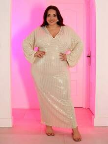 Pretty and Ole Plus Size Women's Elegant Sequin Deep V-Neck Long Sleeve Dress Maxi Women Outfit Christmas Party - Beige - View 6