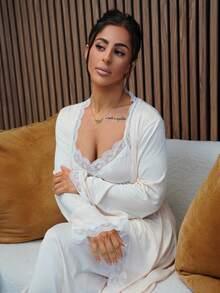 SAYEHFBABY Elegant Solid Color Lace Trim Robe & Camisole Nightgown Sleepwear Set - Apricot - View 4