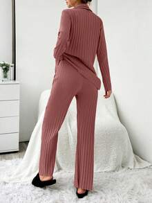 EURMUSE 2pcs Set Open Front Contrast Stitching Ribbed Pajama - Rusty Rose - View 2