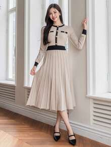 DAZY Women's Casual Elegant Color Block Mid-Length Sweater Dress, Spring Autumn,Fall Women Clothes Modest Fashion Office Blackness - Apricot - View 9
