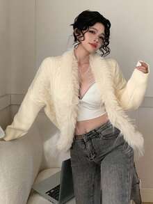 DAZY 女士优雅流苏拼接开衫，秋冬款 - 白色 - 查看 10