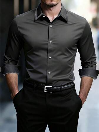 Manfinity Mode 男士格子拼接长袖单排扣休闲通勤衬衫