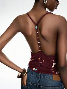 LYSMO 女士酒红色串珠做旧性感吊带背心，露背上衣 - 酒紅色 - 查看 2