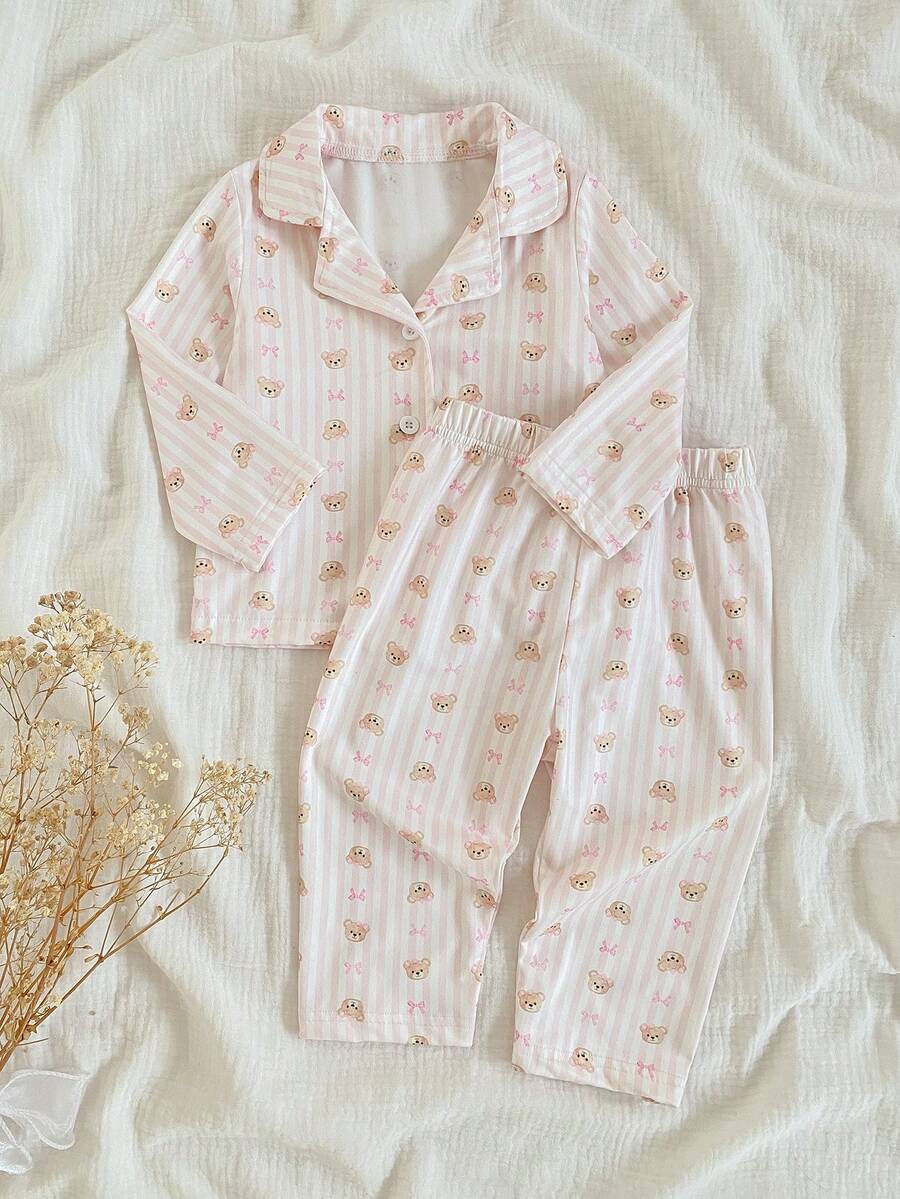 2-częściowy zestaw ubrań domowych dla dziewczynek z uroczym kreskówkowym misiem i kokardką w paski, swobodnym kołnierzykiem, kardiganem z długim rękawem i spodniami - Różowy - Zobacz 1