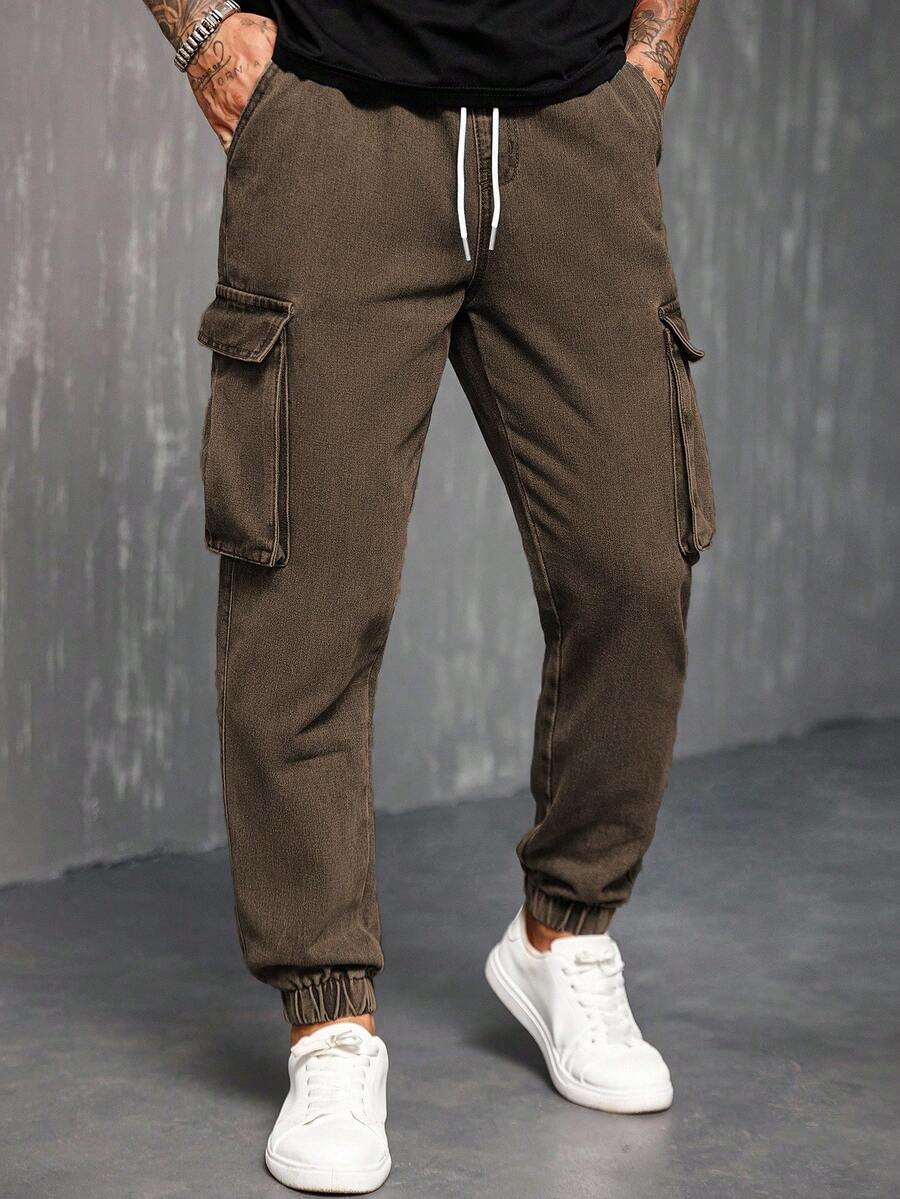 Manfinity Homme Men's Drawstring Waist Cargo Pocket Casual Tapered Jeans - Coffee Brown - View 1