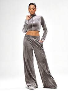 BABYPHAT Wide Leg Velour Trackpants With Embroidered Logo Elastic Waistband Side Pockets Luxurious Comfortable Loungewear Fall Winter Casual Pants - Grey - View 1