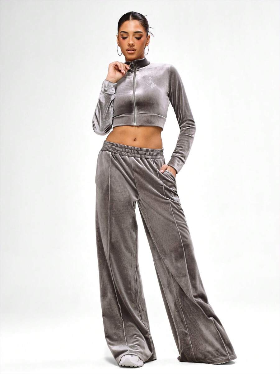 BABYPHAT Wide Leg Velour Trackpants With Embroidered Logo Elastic Waistband Side Pockets Luxurious Comfortable Loungewear Fall Winter Casual Pants - Grey - View 1
