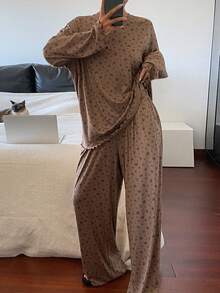 DAZY Ditsy Floral Loose & Comfortable Women Pajama Set - Brown - View 3