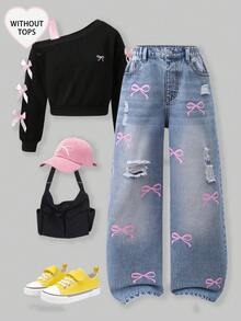 SHEIN ChillGRL Tween Girls' New 2025 Autumn & Winter Washed Butterfly Print Distressed Wide Leg Jeans. Y2K Preppy Streetwear Casual Cute Retro, Suitable For Daily Outings And School - Light Wash - View 1