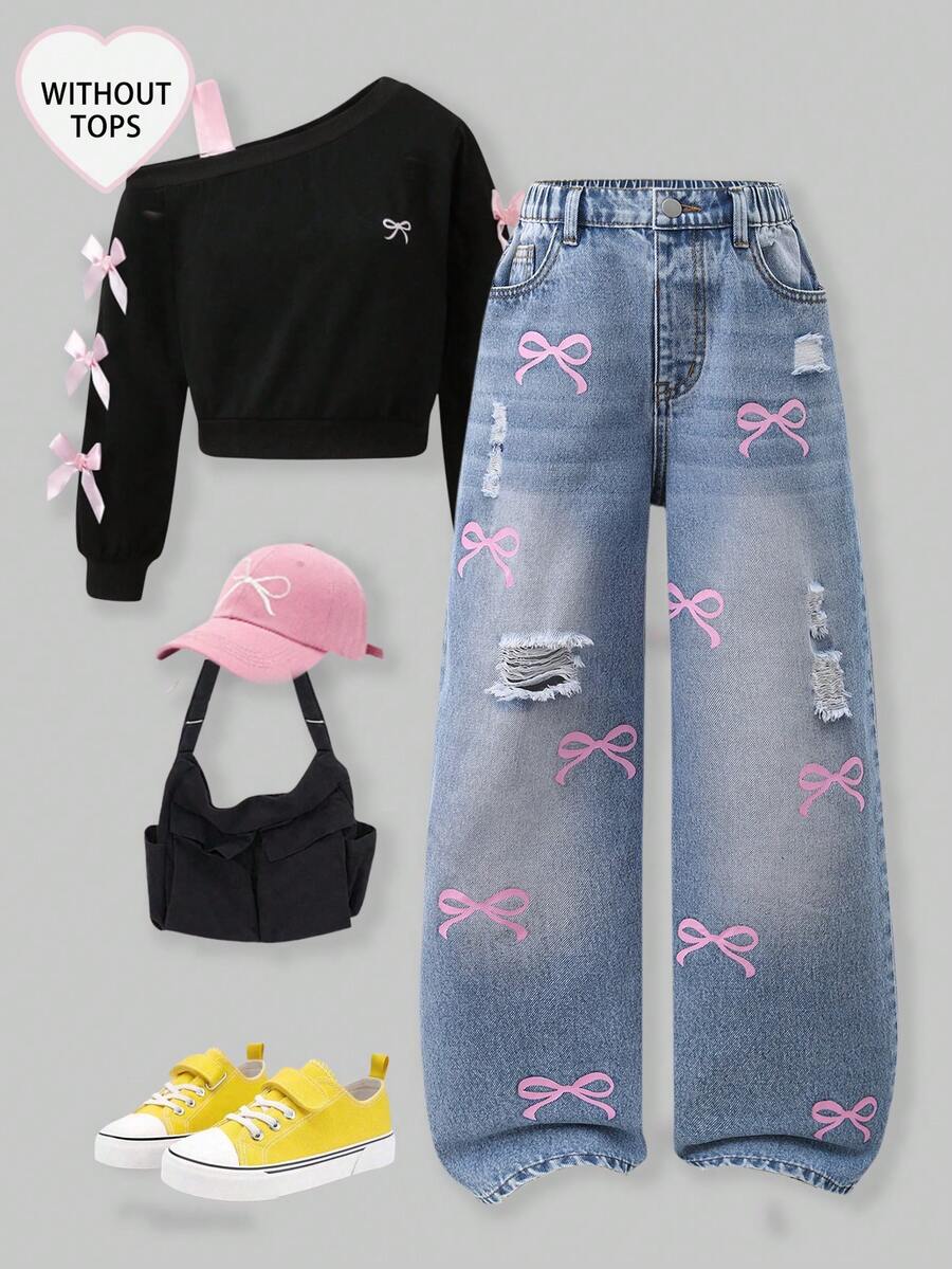 SHEIN ChillGRL Tween Girls' New 2025 Autumn & Winter Washed Butterfly Print Distressed Wide Leg Jeans. Y2K Preppy Streetwear Casual Cute Retro, Suitable For Daily Outings And School - Light Wash - View 1