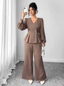 Elenzga Women's Elegant Puff Sleeve Single-Breasted Ruffle Blouse And Flare Pants Graceful 2 Pieces Set - Brown - View 1