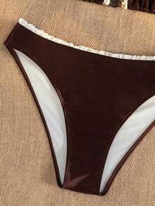 Swim Basics Women's Sexy Halter Tie Amber Trim Low Waist Triangle Bikini Set, Summer - Coffee Brown - View 5