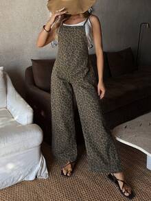 EMERY ROSE 女士豹纹阔腿宽松休闲百搭牛仔连体裤 - 藍色 - 查看 3