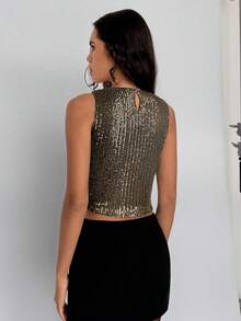 Siren Gaze Camiseta de mujer con cuello redondo y diseño de lentejuelas, versátil y elegante para fiestas - Negro - Ver 2