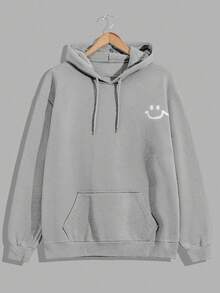 Plus Size 100% Cotton Men's Smile Embroidered Fitted Hoodie - Grey - View 1