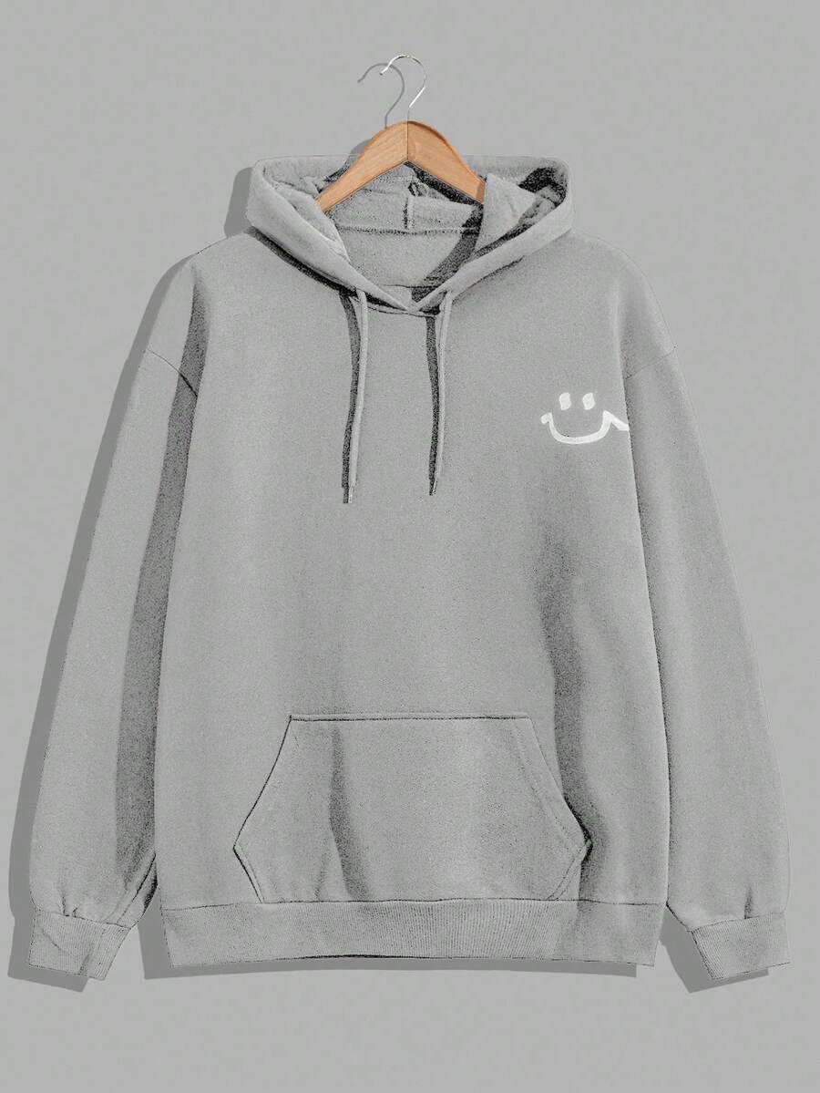 Plus Size 100% Cotton Men's Smile Embroidered Fitted Hoodie - Grey - View 1