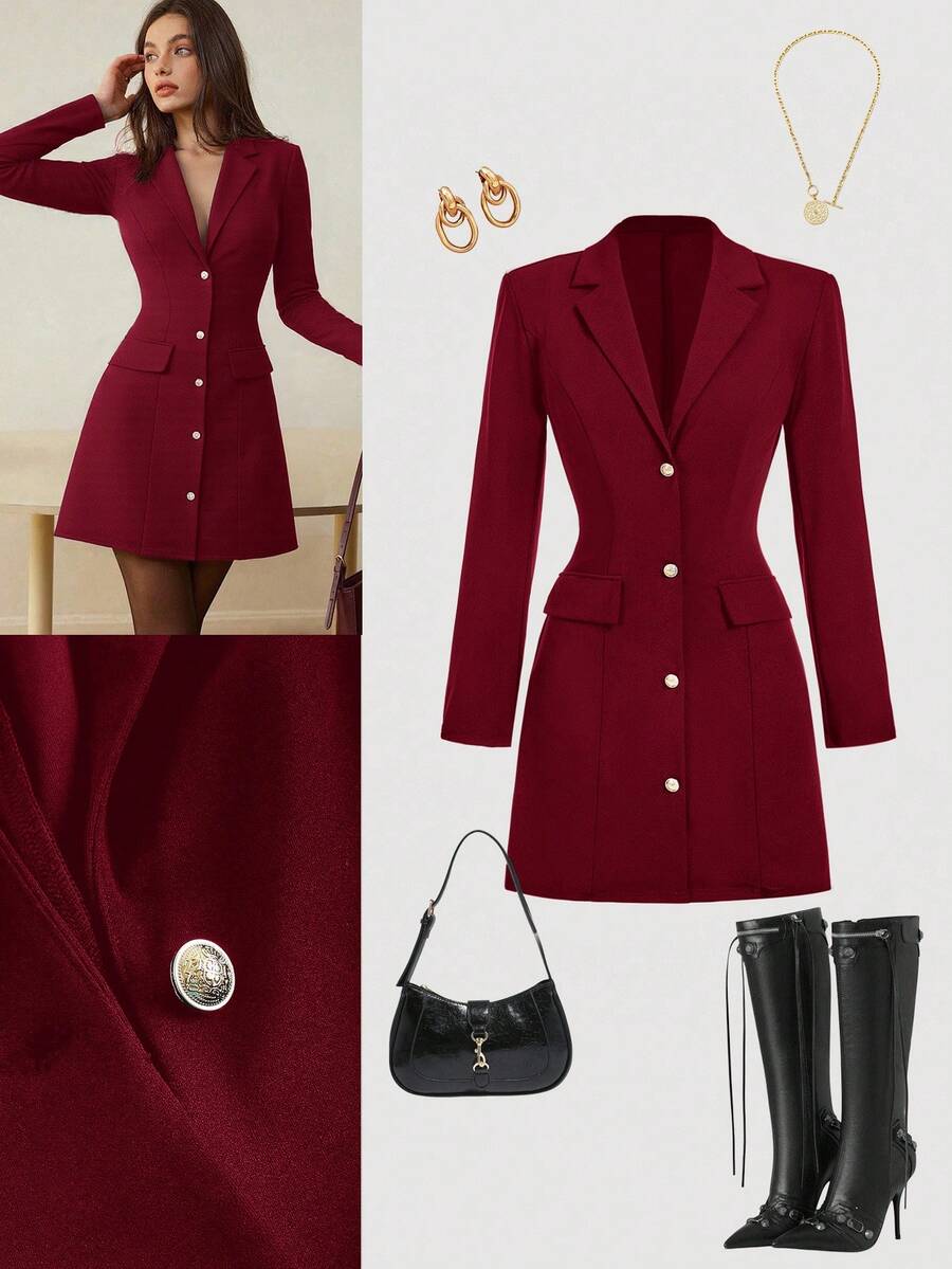 SHEIN MOD Women's Notched Collar Single-Breasted Waist Fitted Office Commute Dress - Burgundy - View 1