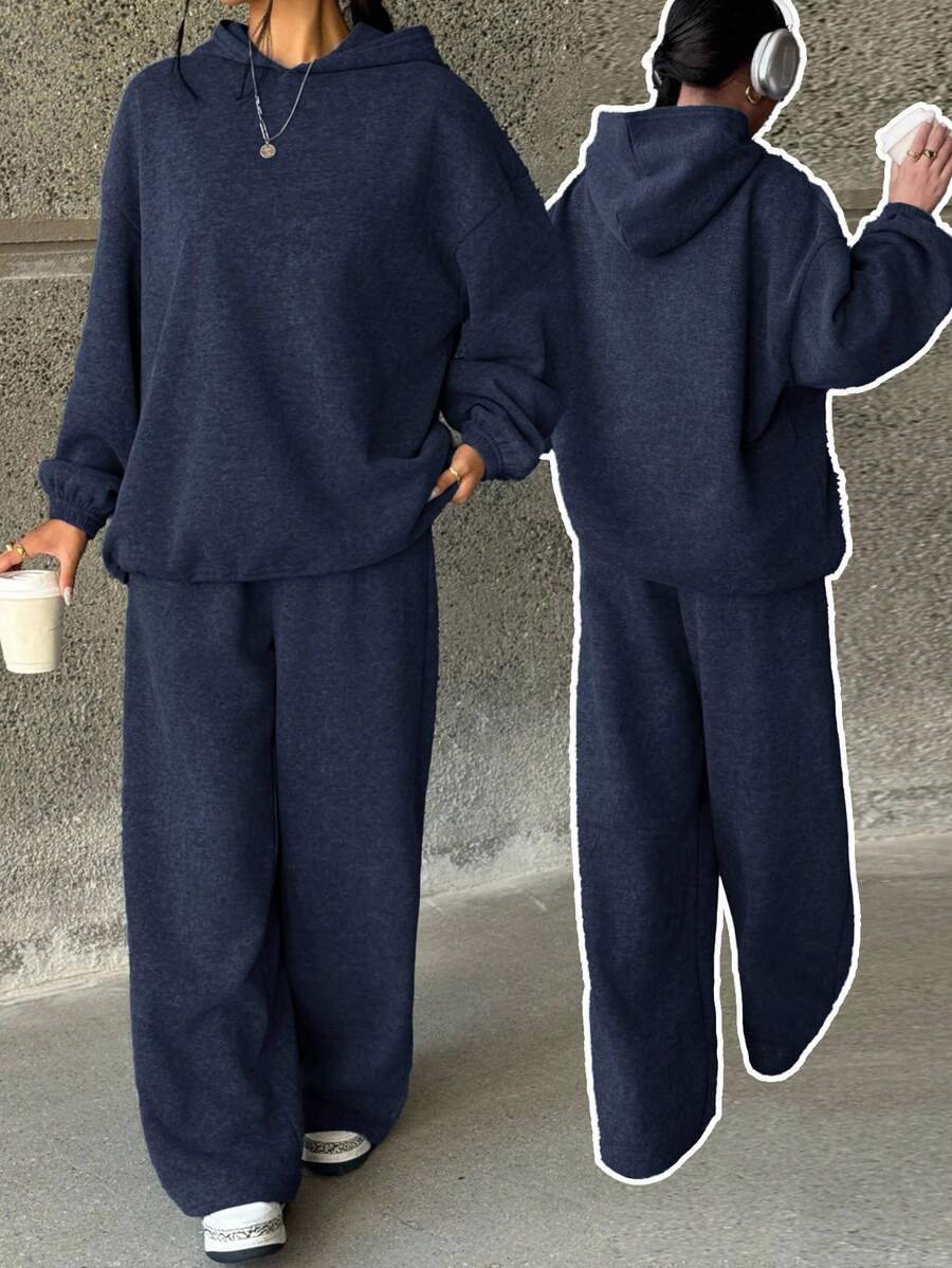 2件套少女海军蓝宽松连帽卫衣+裤子，休闲百搭时尚套装 - 藏蓝色 - 查看 1