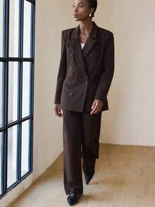 Aveloria Modichic 女士双排扣垫肩长袖西装套装 - 棕色 - 查看 4