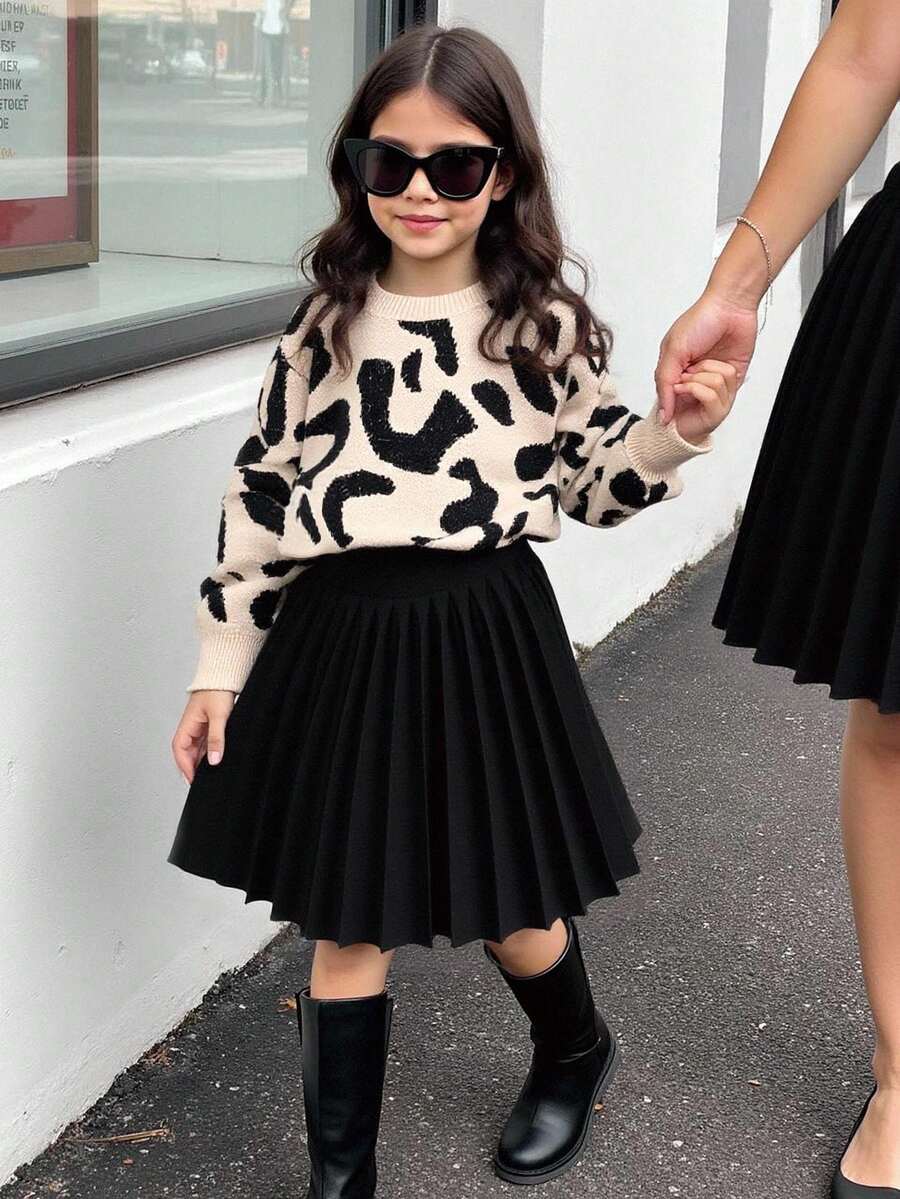 Sparklyn Girls Sweater & Pleated Skirt Set, Suitable For Halloween, Christmas, Holiday Matching, Cute Academic Style, Versatile All-Match Outfit Black Midi Skirt Pleated Skirt Black Cute Light Brown Sweater Cheetah Print Long Sleeve Top Leopard Print Sweater