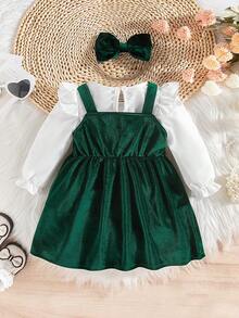 SHEIN Bộ ba món váy nhung xanh đơn giản thời trang cho bé gái, áo dài tay, cài nút, xếp nếp màu trắng, băng đô nơ, thích hợp mặc vào mùa xuân, mùa thu, mùa đông, mặc hàng ngày, ngoài trời, tiệc tùng, làm quà tặng - màu xanh lá - Xem 2