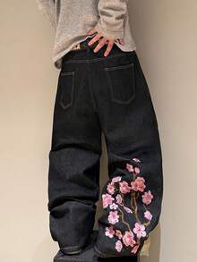 STEELVANCE 休闲时尚桃花刺绣设计宽松阔腿牛仔裤 - 黑色 - 查看 1