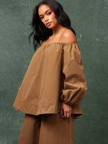 Vixey Elasticized Off Shoulder Long Sleeve Oversized Top - Yellow - View 4