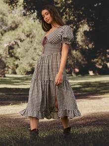 WESTFADE Gingham V-Neck Bow Front Puff Sleeve Tiered Ruffle Midi Skirt W/ Slit - Multicolor - View 1