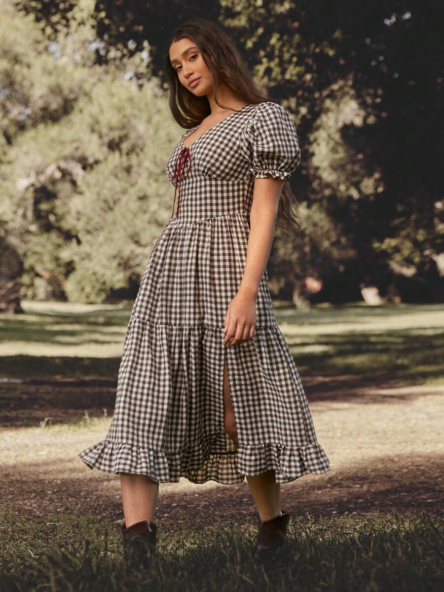 WESTFADE Gingham V-Neck Bow Front Puff Sleeve Tiered Ruffle Midi Skirt W/ Slit - Multicolor - View 1