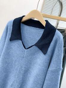 SHEIN PETITE CURVE 大码灰色V领撞色长袖毛衣，通勤舒适 - 淺藍色 - 查看 3