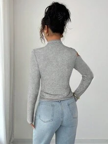 Siren Gaze 黑色修身镂空长袖T恤，秋季新品系列 - 灰色 - 查看 2