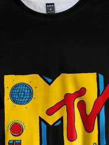 MTV | SHEIN Men's Casual Letter Graphic Round Neck Short Sleeve T-Shirt, Summer - Black - View 3