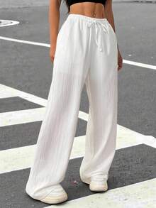 SHEIN EZwear 女式純色前扣蝴蝶結打褶休閒長褲，簡約百搭 - 白色 - 查看 3