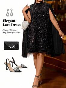 Cravure Plus Size Women's Sequin & Faux Fur Patchwork Elegant Party Dress - Multicolor - View 1