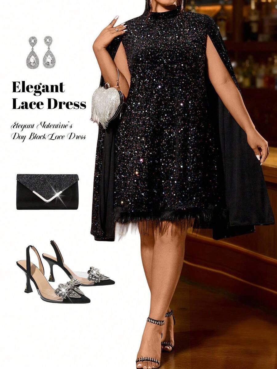 Cravure Plus Size Women's Sequin & Faux Fur Patchwork Elegant Party Dress - Multicolor - View 1