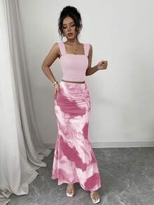 Elenzga Bộ 2 món áo hai dây cổ xếp ly in họa tiết tie-dye lãng mạn - Hồng - Xem 3