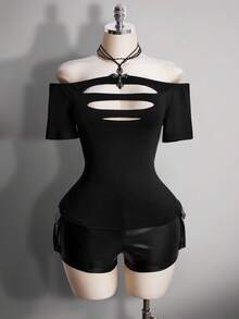 SHEIN ICON 大码复古千禧风 Y2K 性感辣妹时尚个性大胆街头风简约百搭哥特朋克摇滚露肩破洞黑色修身T恤 - 黑色 - 查看 4