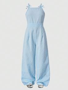 SHEIN ChillGRL 女童无袖蝴蝶装饰特殊面料蓝色连体裤，适合度假旅行，春夏款 - 藍色 - 查看 3