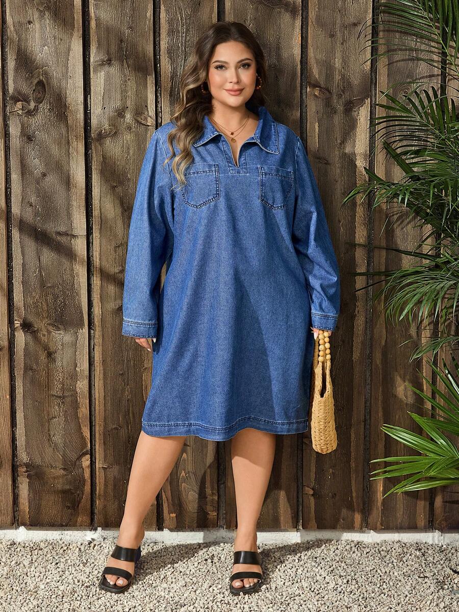 EMERY ROSE Plus Size Women Navy Blue Long Sleeve Casual Straight Loose Denim Dress Winter New Year - Dark Wash - View 1