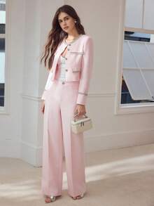 MOTF PREMIUM WOMEN'S CONTRAST FAUX PEARL BINDING BOXY JACKET - Pink - View 4