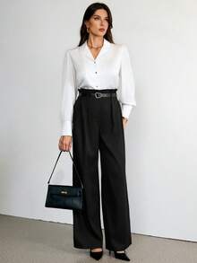 SHEIN Tall High-Waisted Retro Straight Black Trousers, Casual Daily Wear, Autumn And Winter Women's Bottoms, Business Casual Women's Wear, 90s Wear, Homecoming, Korean Fashion, Office Wear, Renaissance, Old Money Style, Prom, , Goth, , Festival,New Year,Valentine - Black - View 5