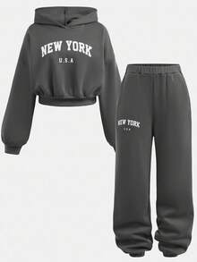 SHEIN Set de 2 piezas de sudadera y pantalón de chándal con estampado de letras de manga larga y cuello redondo para adolescentes - Gris - Ver 14